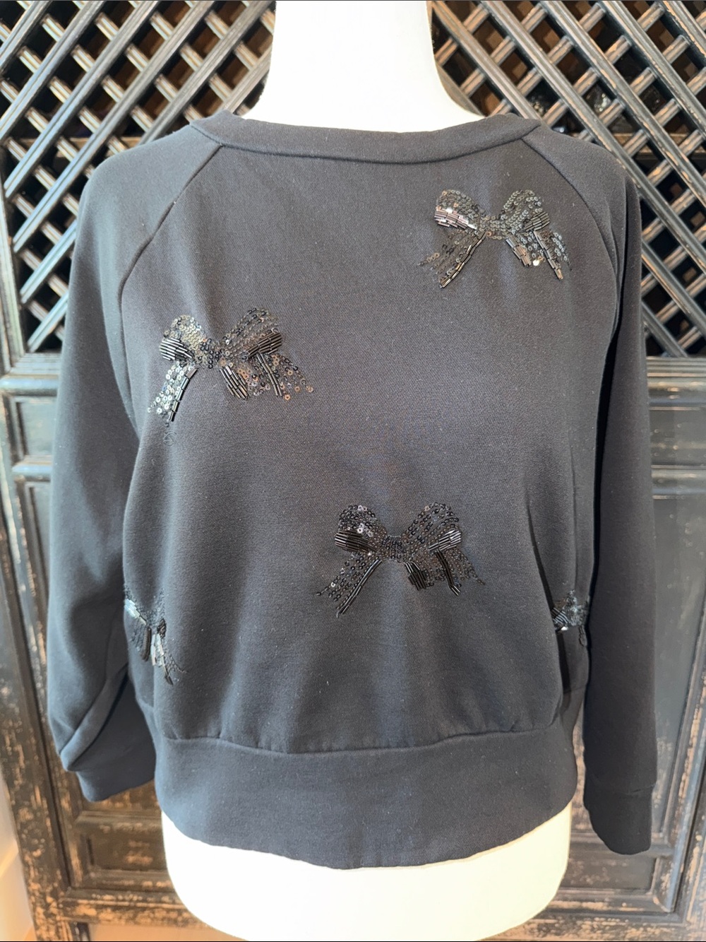 LOFT Black Sequin Bow Crewneck Sweatshirt